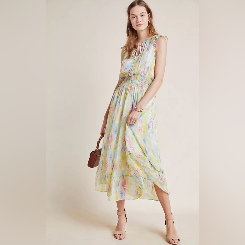 Anthropologie Watercolor Multicolor Pastel Midi Dress